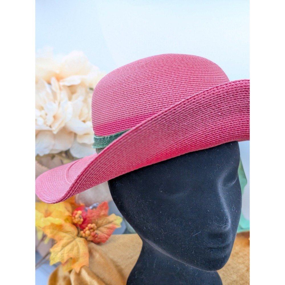 1960s Stix Baer Fuller French Room Pink Straw Wide Brim Sun Hat Velvet Band